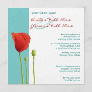 Red Poppy teal Wedding Invitation