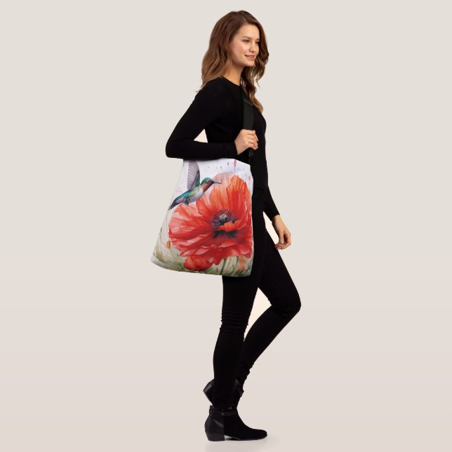 Red Poppy w/Hummingbird Joy, Peace, Love Crossbody Bag (On Model)