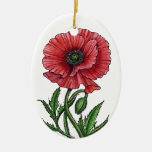 Red poppy, watercolor and ink ceramic ornament
