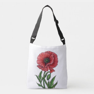 Red poppy, watercolor and ink crossbody bag