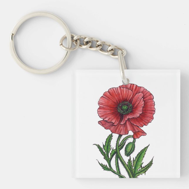 Red poppy, watercolor and ink key ring (Front)