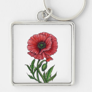 Red poppy, watercolor and ink key ring