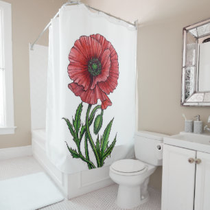 Red poppy, watercolor and ink shower curtain