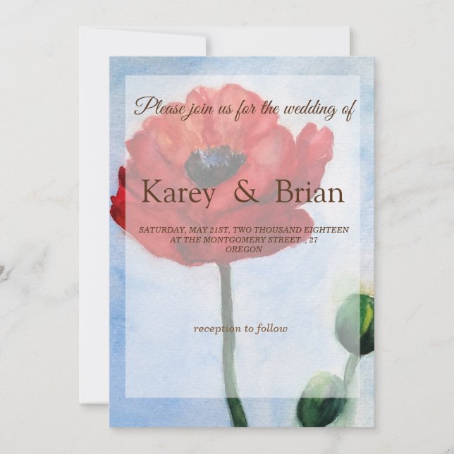 Red Poppy Watercolor Art  Wedding Card (Front)