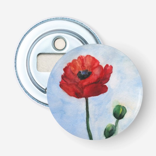 Red Poppy Watercolor Bottle Opener (Front)