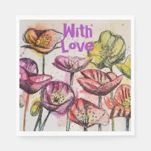 Red Poppy watercolor Bright Pink Floral Flowers Napkin