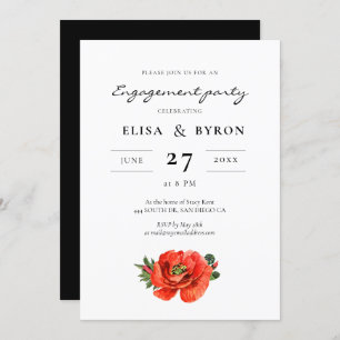 Red poppy watercolor engagement party invitation