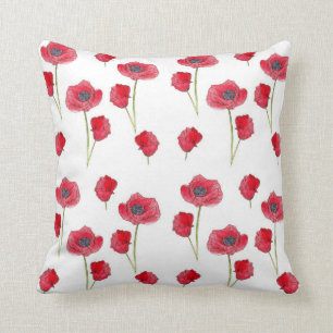 Red Poppy Watercolor Flower Botanical Art Pillow