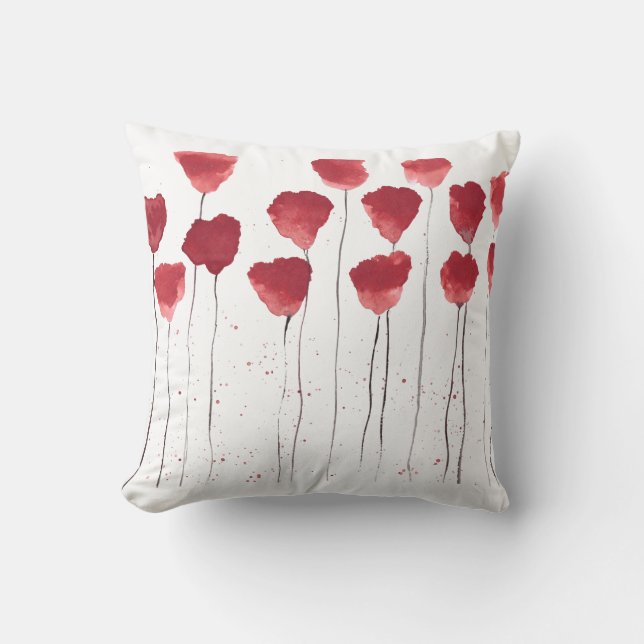 Red Poppy Watercolor Flower Botanical Art Throw Pi Cushion (Front)