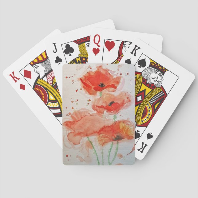 Red Poppy Watercolor Flower Playing Cards Set (Back)