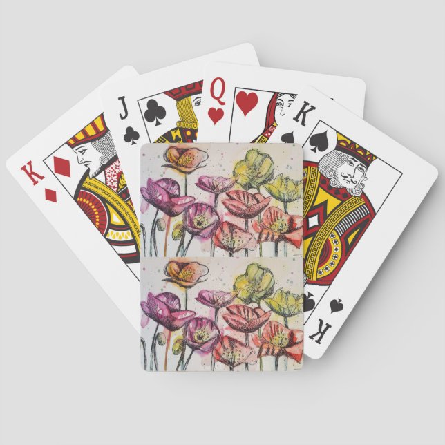 Red Poppy Watercolor Flower Playing Cards Set (Back)