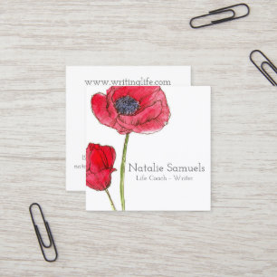 Red Poppy Watercolor Flower Square Business Card