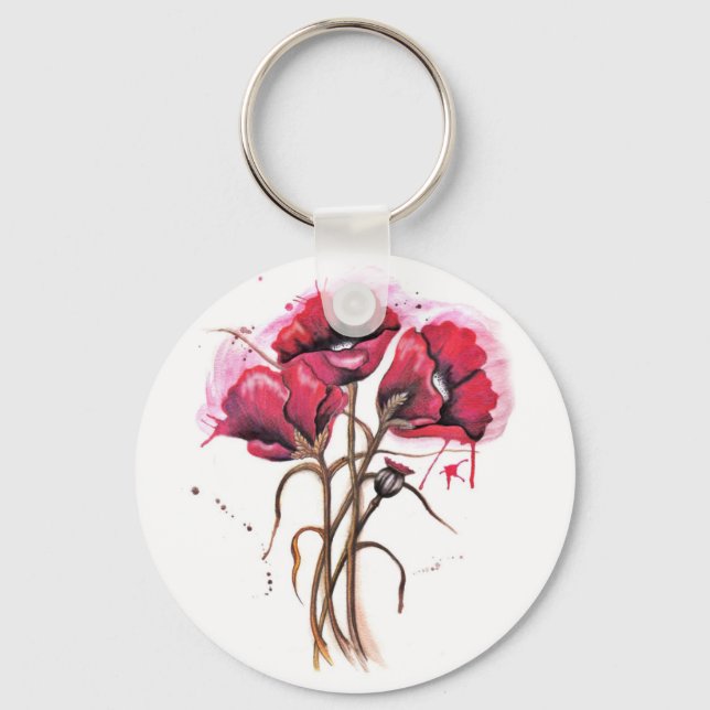 Red Poppy Watercolor Key Ring (Front)