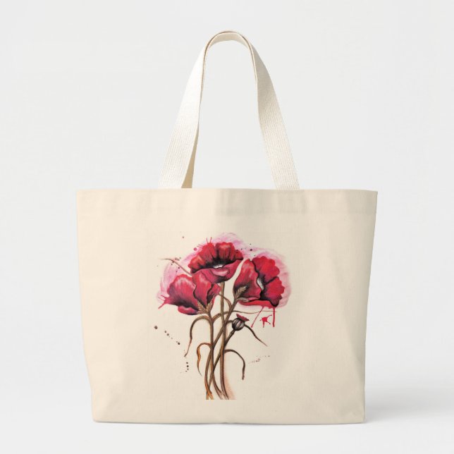 Red Poppy Watercolor Large Tote Bag (Front)
