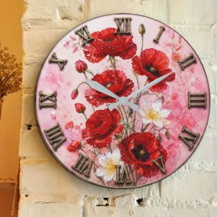 Red Poppy Watercolor Romantic Floral Botanical Large Clock
