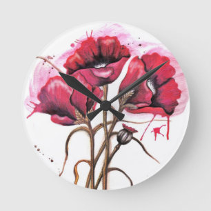Red Poppy Watercolor Round Clock