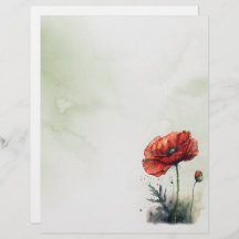 Red Poppy Watercolor Style Stationery Paper