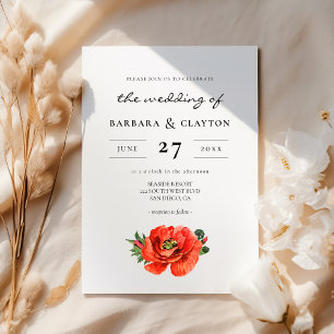 Red poppy watercolor wedding invitation