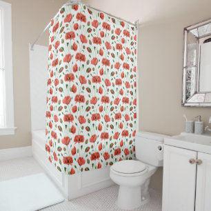 Red Poppy Watercolor Wildflower Shower Curtain