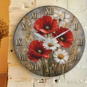 Red Poppy White Daisy Elegant Floral Meadow Decor Large Clock