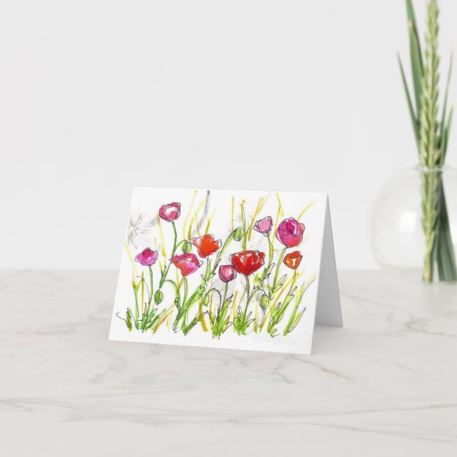 Red Poppy Wildflower Note Card Watercolor Art (Front)