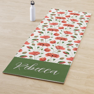 Red Poppy Wildflower Watercolor Custom Name Yoga Mat