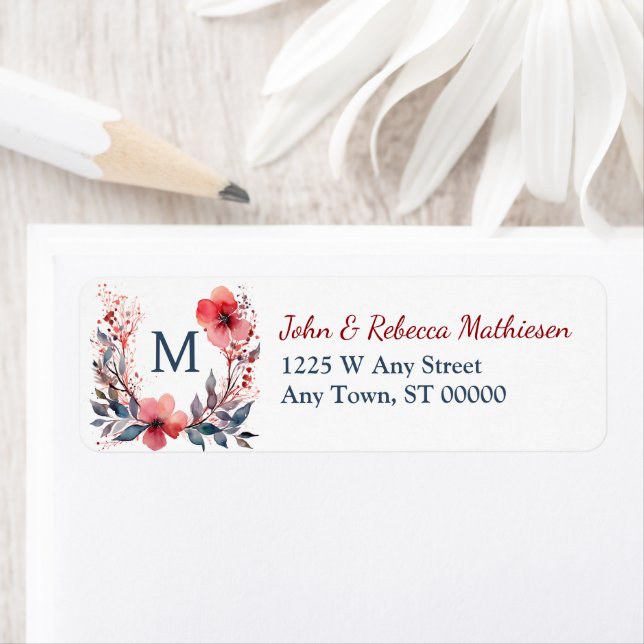 Red Poppy Wreath Teal Monogram Return Address Label (Insitu)