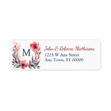 Red Poppy Wreath Teal Monogram Return Address