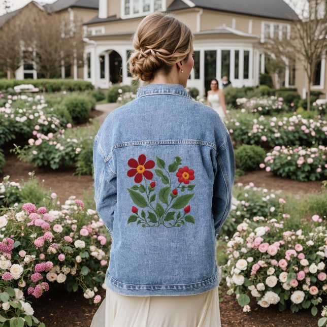 Red Posies Folk Art Denim Jacket (Wedding Back)