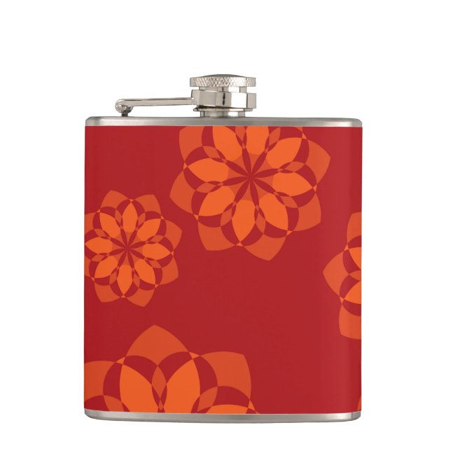 Red, prange, modern, cool flower abstraction hip flask (Front)