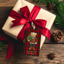 Red Preppy Plaid Christmas Teddy Bear Gift Tags