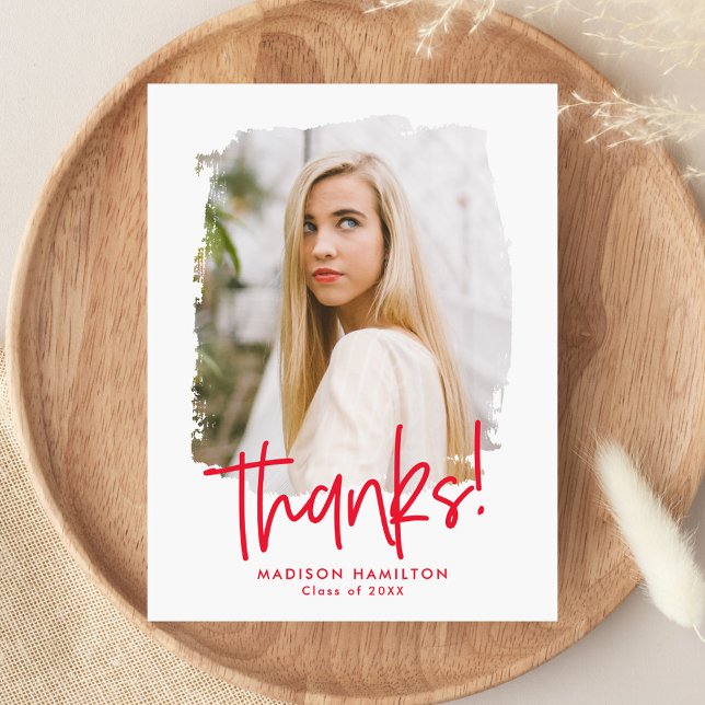 Red | Preppy Script Photo Graduation Thank You Postcard (Creator Uploaded)