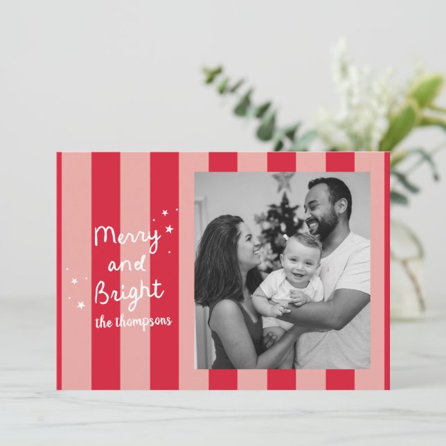 Red Preppy Stripe Merry and Bright Christmas Photo Holiday Card (Standing Front)