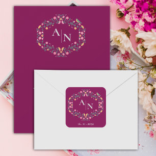 Red Pretty Monogram Cute Colorful Floral Wedding Square Sticker