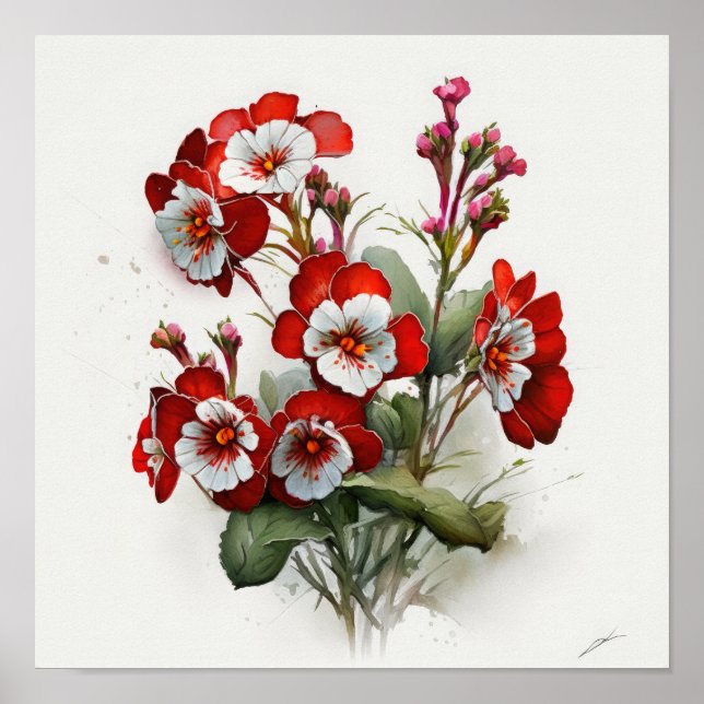 Red Primrose Flowers Art Print Poster (Front)