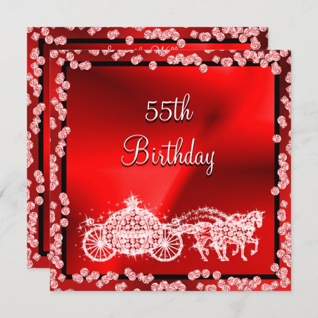 Red Princess Coach & Horses 55th Birthday Invitation (Front/Back)