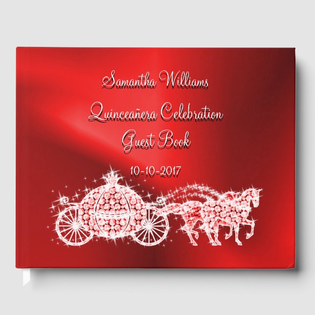 Red Princess Coach & Horses Quinceañera Guest Book (Front)