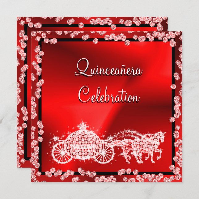 Red Princess Coach & Horses Quinceañera Invitation (Front/Back)