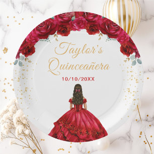 Red Princess Floral Quinceañera Paper Plate