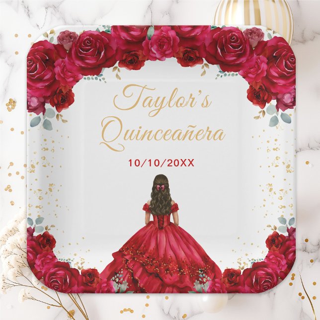Red Princess Floral Quinceañera Paper Plate (Creator Uploaded)