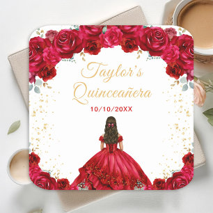 Red Princess Floral Quinceañera Square Paper Coaster