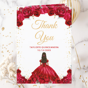 Red Princess Floral Quinceañera Thank You Card