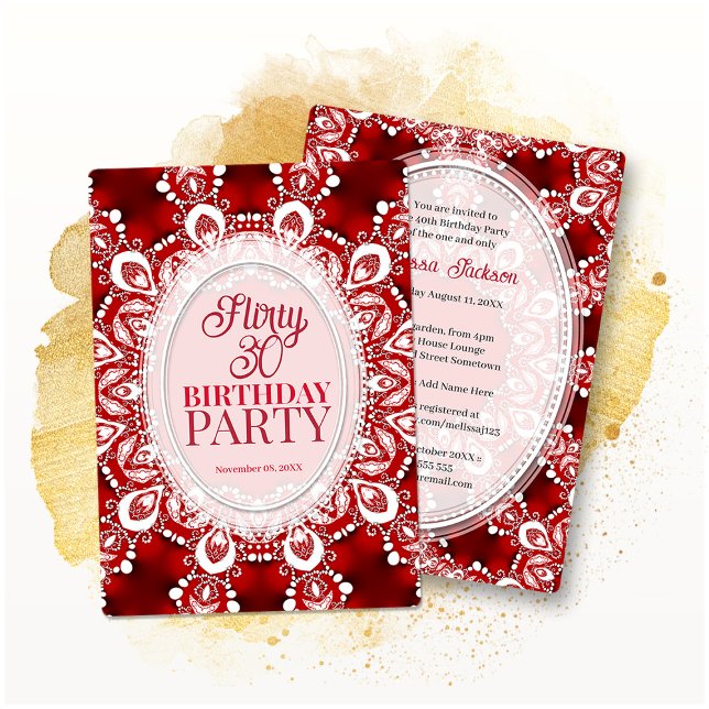 Red Princess Fractal Lace Flirty 30 Birthday Party Invitation (Creator Uploaded)