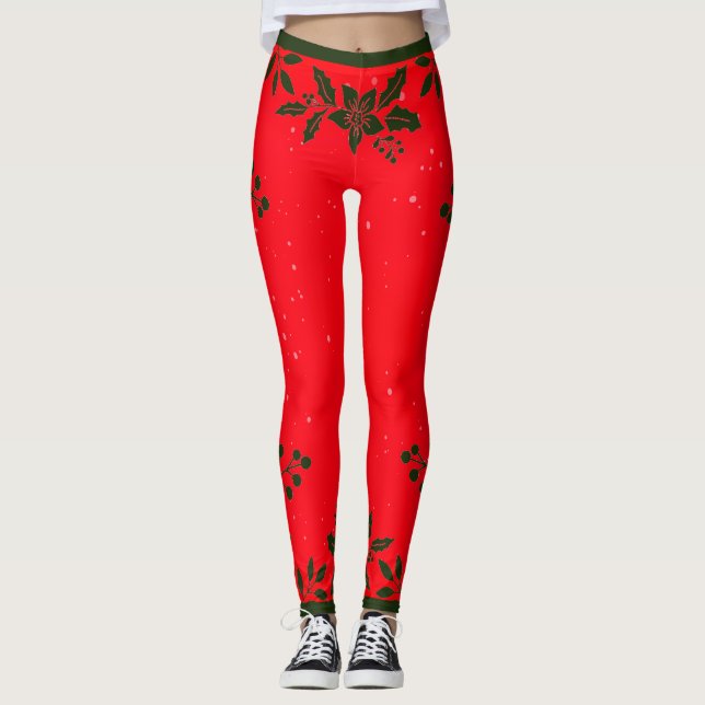 RED PRINTED HOLLY Leggings (Front)
