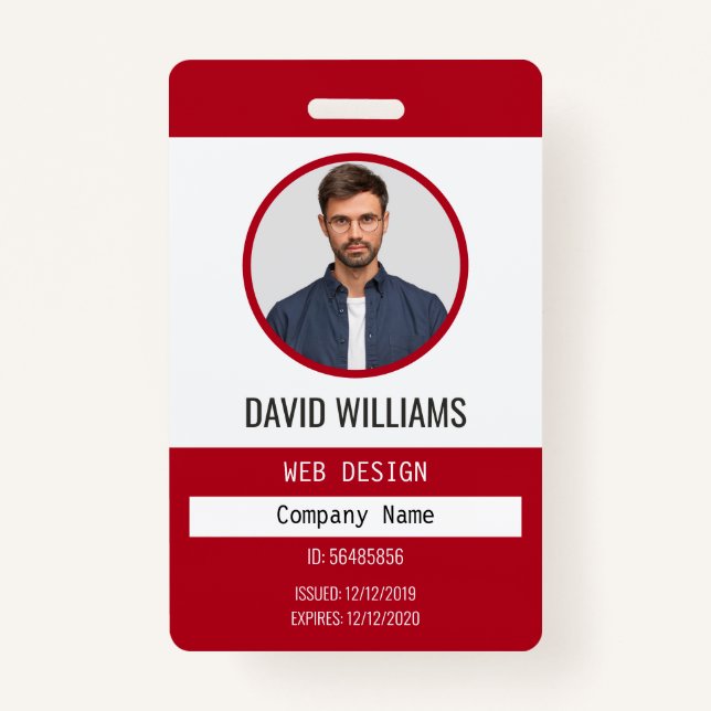 Red | Professional Employee Photo Company ID Badge (Front)