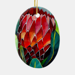 Red Protea flower original watercolour art Ceramic Ornament