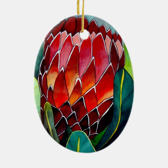 Red Protea flower original watercolour art Ceramic Ornament (Back)