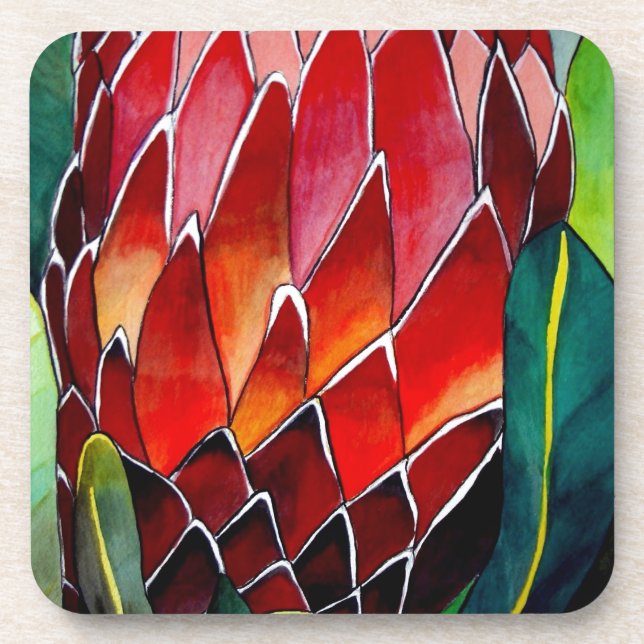 Red Protea flower original watercolour art Coaster (Front)