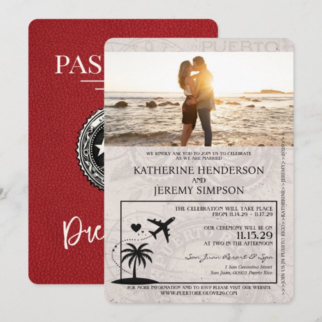Red Puerto Rico Passport Wedding Invitation (Front/Back)
