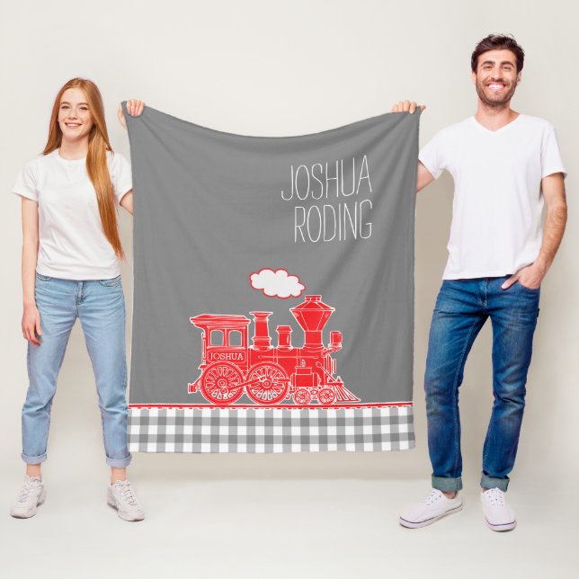 Red puffing steam train whimsy graphic fleece blanket (In Situ)